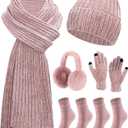 Geyoga 6 Pcs Winter Knit Set Beanie Hat Long Scarf Touchscreen Gloves Ear Muff Socks Warm Valentine Gift for Women Men Snow(Pink,Classic Style)
