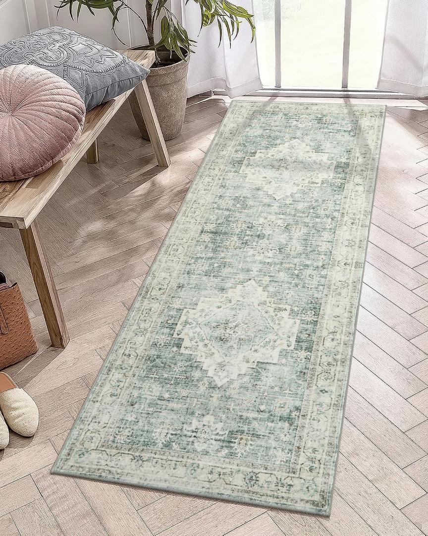 LIVEBOX Washable 2x6 Runner Rug for Bathroom, Non Slip Kitchen Mats for Floor Entryway, Boho Indoor Front Door Mat Low-Pile Runners for Hallways, Farmhouse Rugs for Laundry, Sage Green