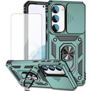 for Galaxy S23 Case, Samsung S23 SM-S911U Case with Tempered Glass Screen Protector and Slide Camera Cover, Magnetic Ring Car Mount Holder Protective Cover for Samsung Galaxy S23 5G Green