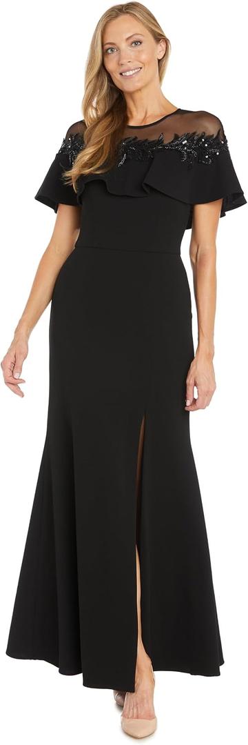 R&M Richards Women's Long Stretch Dress W/Illusion Neckline Beaded Applique & Front Slit - Evening Cocktail Party (Black, 20W)