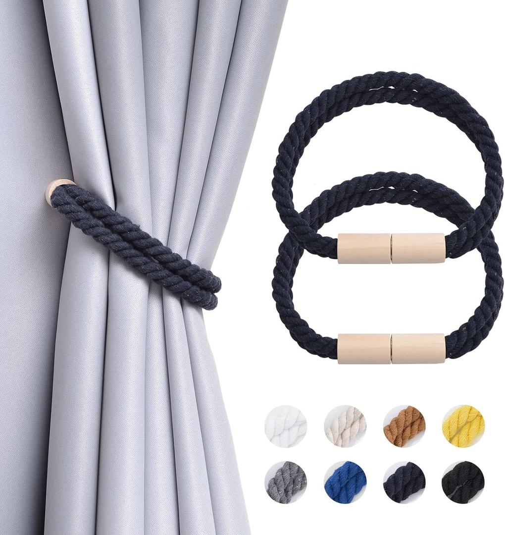 NICEEC 2 Pack Wooden Magnetic Curtain Tiebacks Boho Decoration Drape Tie Backs Natural Cotton Handmade Double Rope Curtain Holdbacks for Thin & Thick Home & Office Window Drapery (Black)