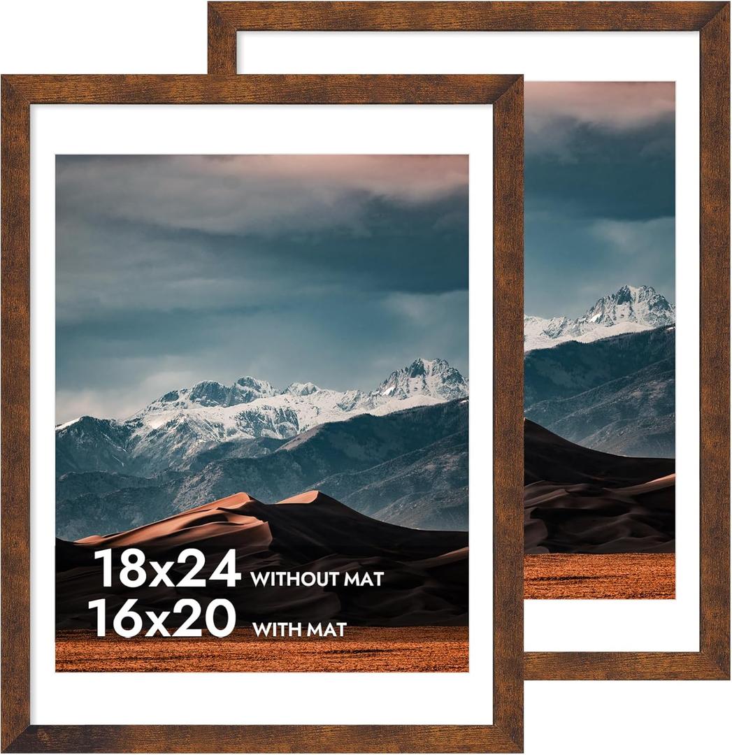 iRahmen 18x24 Poster Frame with 16x20 Mat - Plexiglass Wooden Picture Frames for Photo Wall Gallery Mounting (Dark Brown, Set of 2)