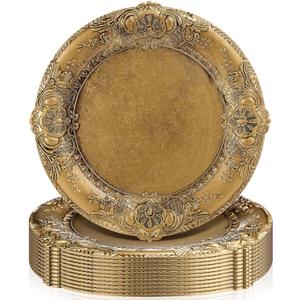Mifoci Antique Gold Charger Plates Set of 12 Plastic Gold Chargers for Dinner Plates Decorative 13" Round Plate Bulk with Embossed Rim for Dinner, Party, Wedding(Classic)