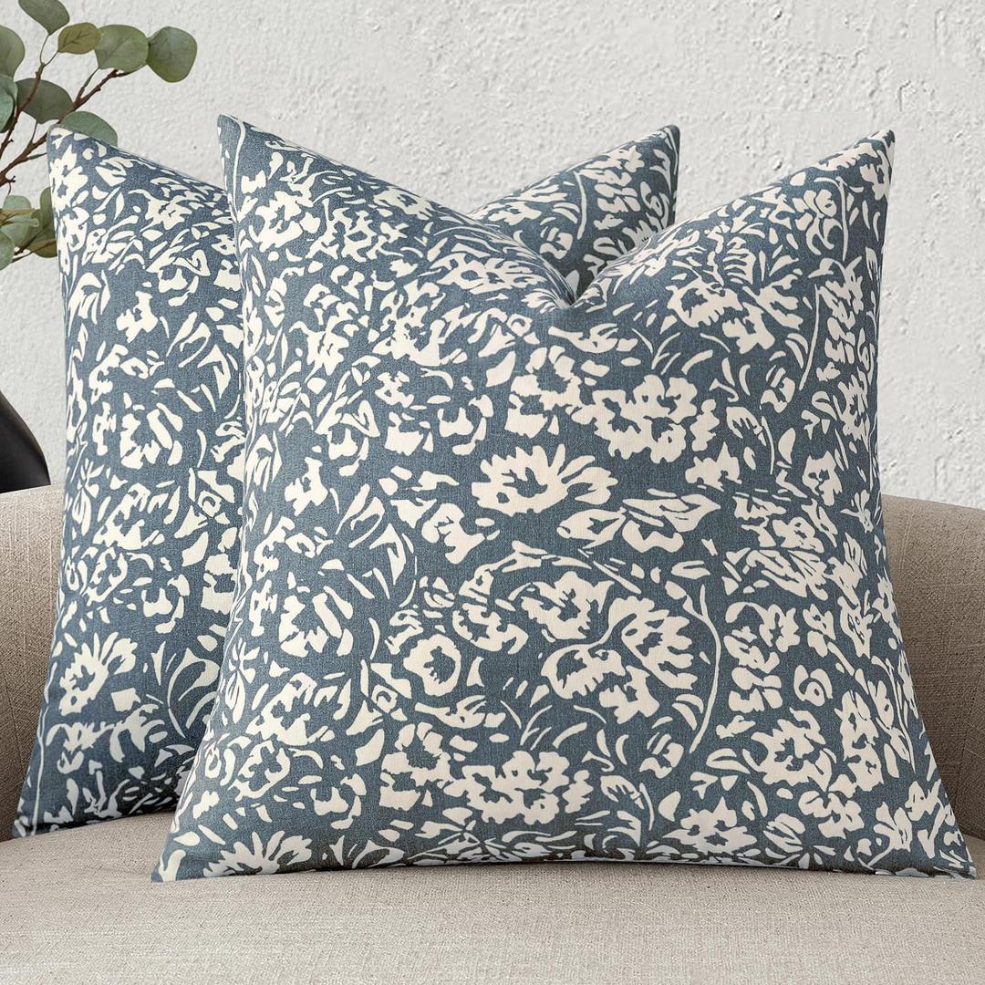 MIULEE Floral Pillow Covers Decorative Throw Pillow Covers 18x18 Pack of 2 Modern Linen Cushion Covers Farmhouse Neutral Pillow Covers for Living Room Sofa Bed, Blue