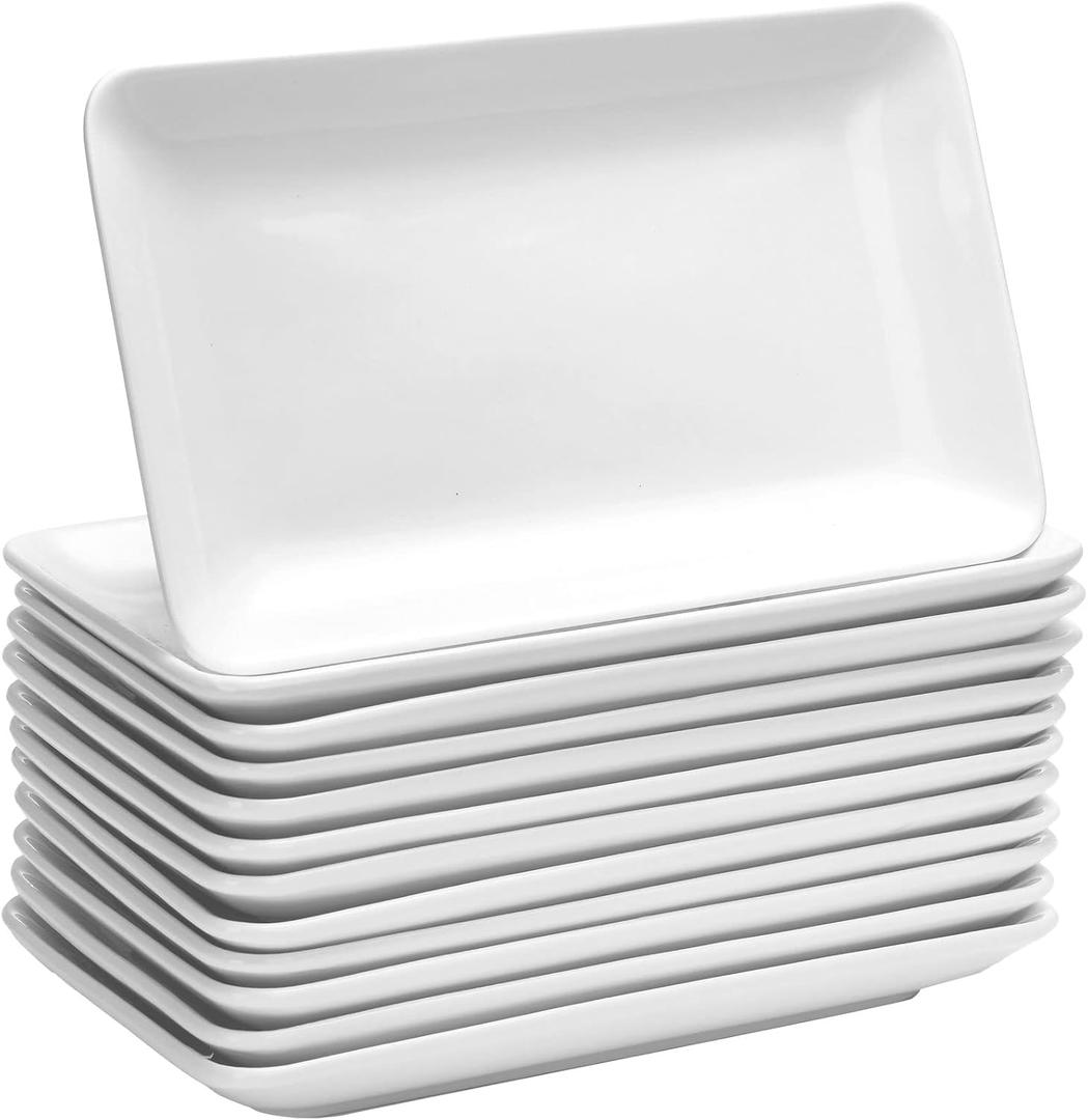 Irenare 12 Pcs 8 Inch Rectangular Salad Plates White Rectangular Porcelain Dessert Plates Appetizer Serving Tray Porcelain Platters for Fruit Sushi Dinner Parties, Microwave, Oven Safe