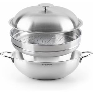 316 Stainless Steel Heavy Duty 12.6 inch 6.3 Quart Wok pan with Lid and Steamer, Stir Fry Pan, 5Ply, Induction Cookware, Dishwasher Safe, Oven Safe