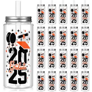 Vesici 24 Pcs Graduation Plastic Cups with Lid and Straws 13.5 oz 2025 Graduate Tumblers Graduation Gifts Drinking Cups with Decorative Bows for Class of 2025 Party Favors Decorations(Orange)