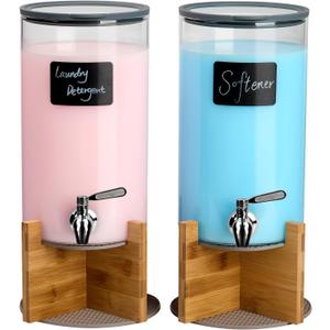 Glass Laundry Detergent Dispenser with Holder,1.1 Gallon Laundry Liquid Dispensers with Stainless-Steel Tap,Large Glass Fabric Softener Containers with Stand for Laundry Room Organization - Pack of 2