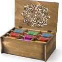 Tea Bag Organizer Storage Box, Wood Tea Holder Box, 9 Compartments Teas Chest Containers with Floral Carved Lid for Assorted Spice Packets, Home Decor, Multi-Functional Storage Boxes
