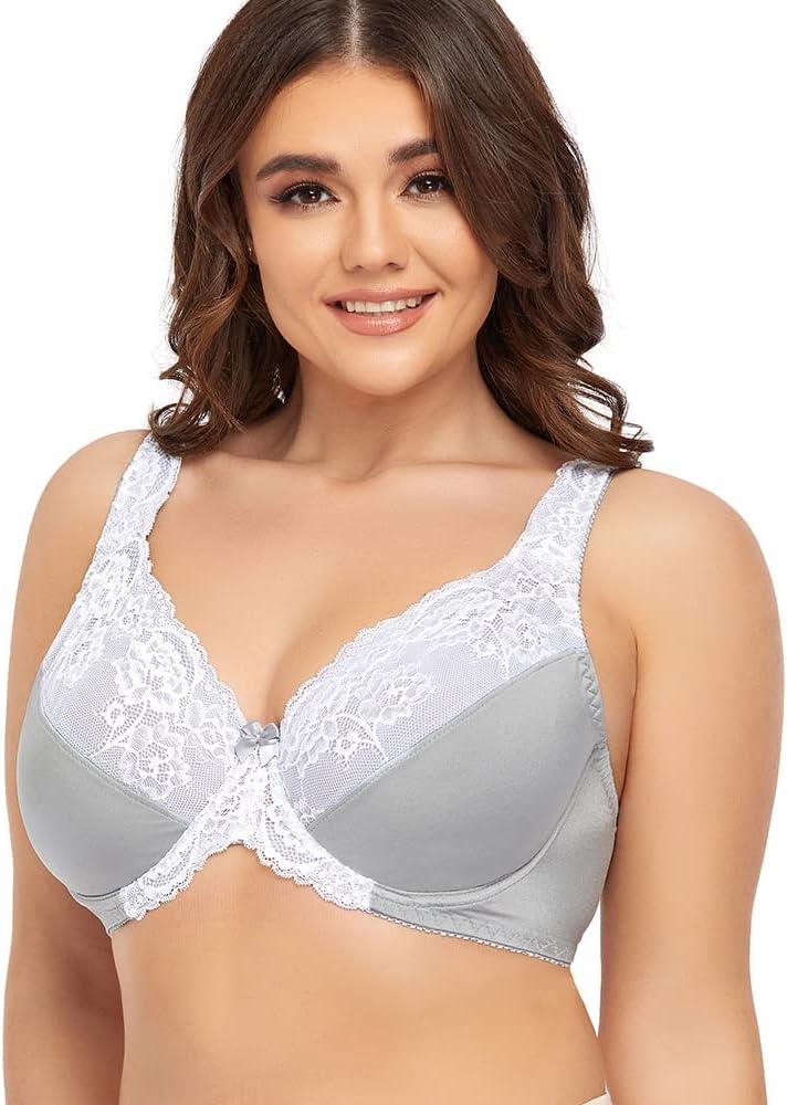 Women's Plus Size Full Coverage Lace Bra Underwire Non Padded Push up Bralette (42C, Grey)