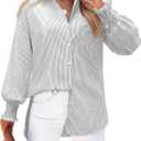 siliteelon Gray Green Striped Button Down Shirts for Women Long Sleeve Blouses Collared Smocked Cuff Boyfriend Plus Business Casual Tops Pocket (S)