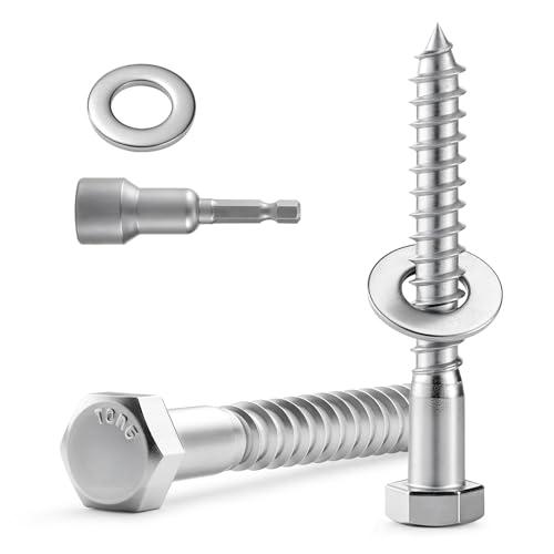BNUOK 8 Sets 3/8" x 3" Hex Head Lag Screws Bolts with Flat Washers 304 Stainless Steel 18-8 Heavy Duty Lag Screw for Wood, Driver Bit Included