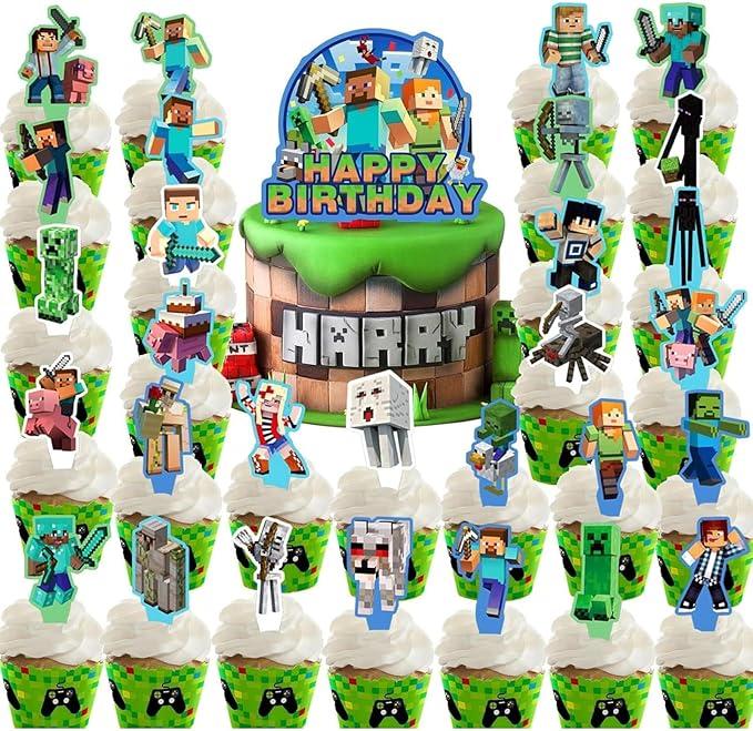 38 Pcs Birthday Party Decorations, Pixel Styled Gamer Party Supplies Include Happy Birthday Banner, Balloons, Cake Toppers, Cartoon Party Celebrate Supplies