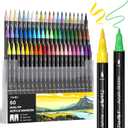 JusArt 60 Colors Dual Tip Acrylic Paint Pens Markers, Brush and Fine Tip, Premium Paint Pens for Wood, Canvas, Egg, Stone, Fabric, Rocks, Metal, Glass, Ceramic, DIY Crafts Making Art Supplies Gifts