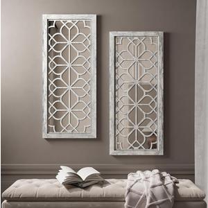 Set of 2 13x30 Inch Large Grey Shatterproof Carved Floral Wood Frame Wall Mirrors, Boho Farmhouse Rustic Accent Mirrors for Living Room Bedroom Bathroom & Home Decor
