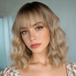 MINLEE Ombre Blonde Wig with Bangs for Women 14 Inch Short Bob Wavy Curly Wig Blonde Hair Wigs Natural Looking Heat Resistant Synthetic Wigs