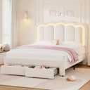 Queen Upholstered LED Bed Frame with 2 Storage Drawers and Adjustable Chic Double Wavy Headboard, Velvet Princess Platform Bed with Charing Station, Solid Wood Slats Support,No Box Spring Needed,Beige