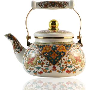 Floral Enamel Tea Kettle Vintage Gold Beige Teapot Colorful Boho Hot Water Coffee Kettle Pot 2.5L Porcelain Tea Pot with Ceramic Handle for Stovetop Hot Water Kitchen Decor