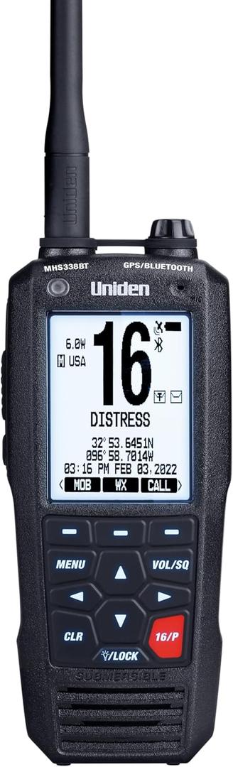 Uniden MHS338BT Floating, Handheld Marine VHF Radio, 6-Watts, GPS and Bluetooth, Submersible IPX8, Emergency Strobe & Flashlight, NOAA Weather Alerts, FM Radio, Chargeing Cradle & Li-ion Battery