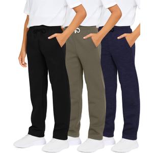 Real Essentials 3 Pack: Boys' Cotton Fleece Sweatpants - Open Bottom Athletic Pants with Pockets for Teens & Kids (Size 4-18) (Medium)