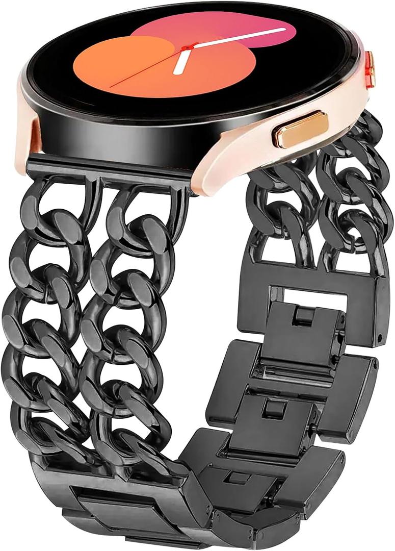 Women Metal Chain Bracelet Compatible for Galaxy Watch 7 Band, Galaxy Watch 6 Band, 5/4/FE/Pro/Classic/Active 2, 20mm Double-Chain Dressy Watch Strap for women (Black)