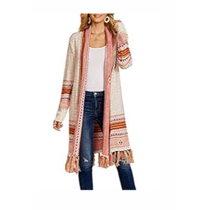 Misassy Womens Boho Open Front Long Cardigans Sweater Loose Long Sleeve Embroidery Tassels Kimono Duster Outwear