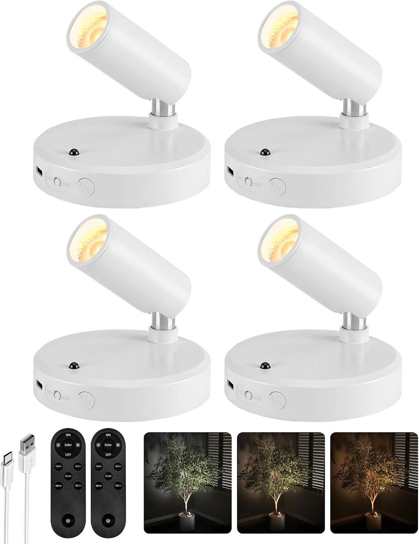 EZVALO Spot Lights Indoor, 5500mAh Rechargeable Plant Spotlights with Remote, Wireless Mini Art Accent Light with Timer & Dimmable, 3-CCT, Uplights Indoor for Plants, Display, Artwork (4-Pack-White)