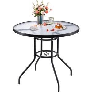 Jinlly. 32in Outdoor Table Patio Dining Table Outdoor Dining Table with Umbrella Hole Round Tempered Glass for Yard Bistro Lawn Balcony 