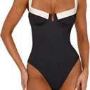 HYPERFIRE Women's High Cut Cheeky One Piece Swimsuit Underweired Swimwear Push up Bathing Suit Black and White Medium M