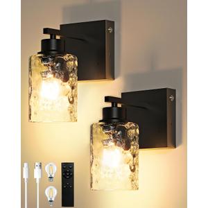 Rayogale Battery Operated Wall Sconce Set of 2, Black Wireless Wall Lights with Timer Function, Easy Install Dimmable Rechargeable Wall Lamps for Living Room, Bedroom, Hallway, Entryway Decor 3000K