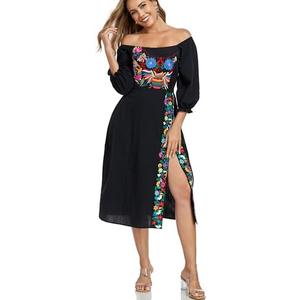 YZXDORWJ Women's Mexican Dress Boho Embroidered Summer Casual Off Shoulder Short Vacation Dress XL
