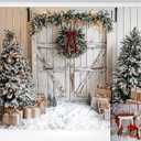 Kate Christmas Trees Backdrop Barn Door White Snow Floor Xmas Party Festive Backdrops, 7x5ft