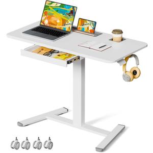 Mobile Standing Desk with Drawer, 40" Small Standing Desk with Cup Holder, Rolling Laptop Workstaion on Wheels, Height Adjustable Table with Storage for Home Office, White