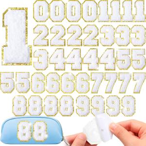Yilloog 40 Pieces Number Patches Self Adhesive Chenille Patches 0-9 Glitter Chenille Number Appliques Stickers for DIY Clothing Jacket Mobile Phone Backpacks Hat(White,2.17 in,Phnom Penh)