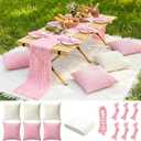 91 x 71 Extra Large Outdoor Boho White Picnic Blanket with Pink Table Runner, 6 Napkins and 6 Throw Pillow Covers Table Decor for Beach Picnic Camp Wedding Party Birthday Baby Shower