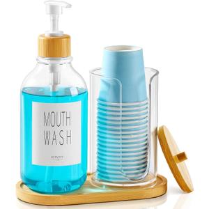 VITVITI Mouthwash Dispenser for Bathroom, Mouth Wash Pump Bottle with Paper Cup Holder, 17Oz Refillable Clear Mouthwash Container with Bamboo Lid/Tray/Label