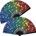 2 PCS Large Folding Fan Bamboo Folding Hand Fan, Rave Fan Clack Folding Hand Fan Chinese/Japanese Nylon-Cloth Folding Fan for Festival, Dance, Performance, Party, Gift, Decoration(Neon Light)