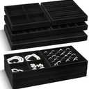Cinnvoice Set of 10 Stackable Jewelry Organizer Trays for Drawer 14 Inch Velvet Jewelry Drawer Insert Display Storage with Removable Divider for Necklace Earring Ring Watch Bracelet (Black)