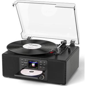 Vinyl Record Player with Speakers and CD Player Combo with Internet Radio, Treble/Bass Gain, Pitch, EQ, USB Recording, Alarm Clock & Sleep, 3-Speed Bluetooth Vintage Turntable Black Wooden