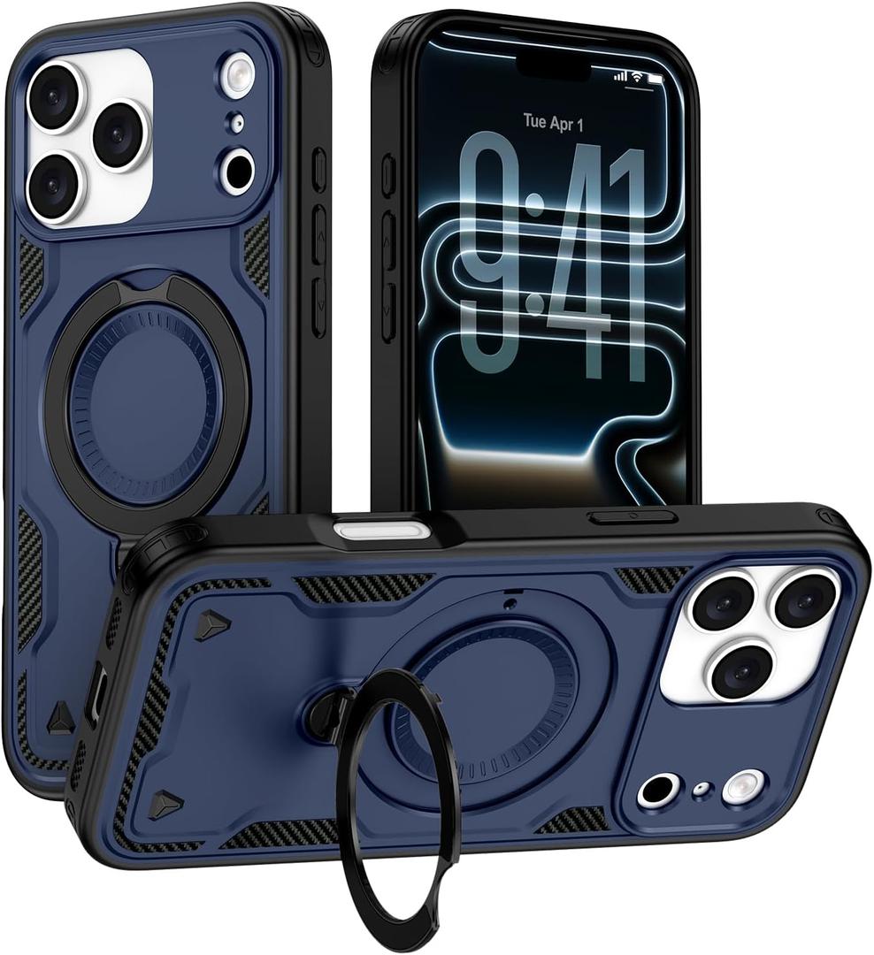 iPhone 17 Pro Case with Magnetic Invisible Stand [Military Drop Protection] [Compatible with Mag-Safe] Shockproof Slim Case for iPhone 17 Pro Case Stand with Kickstand Rotatable, Navy Blue 6.3 Inch