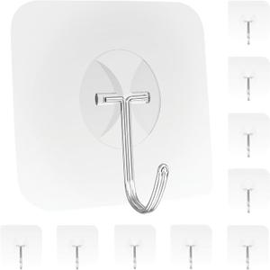 Heavy Duty Adhesive Wall Hooks - Strong & Transparent, Hold up to 22lb, Waterproof & Reusable, Ideal for Kitchen, Bathroom, and Office (10 Pack)