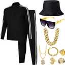 Men Tracksuit 2 Piece Outfits Sweatsuits Accessories Set Casual Full Zip Track Suits Jogging 80s Hip Hop Rapper Rocker (Medium, Black)