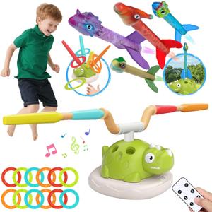 Indoor Outdoor Games for Kids, 3 in 1 Musical Jump, Ring Toss Game & Stomping Rocket Launcher for Kids, Dinosaur Sports & Outside Play Activities Toys with Remote Control for Toddlers 4-8