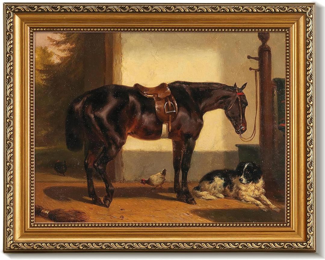 uniro Vintage Gold Framed Wall Art for Home Decor, Farmhouse Wall Decor Horse Canvas Artwork, Antique Animal Farm Poster Equestrian Wall Art for Nursery Wall Decor, Rustic Horse Aesthetic Picture for Bathroom, Living Room, Desktop decor - 12x16Inch, 18"L x 14"W