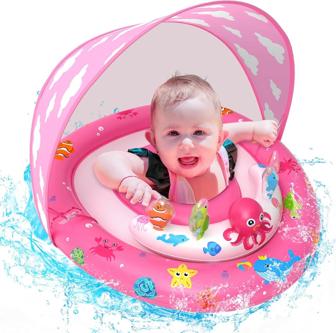 ZIZZ Baby Pool Float with Canopy - 2025 New Inflatable Baby Swim Float with UPF50+Sun Protection, Baby Infant Pool Float with Toy Play Console Adjustable Seat for Toddler Kids Aged 6-36 Months (Pink)