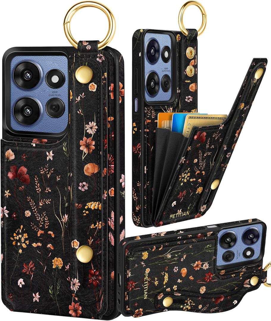 Petitian for Moto G 5G/Play 2025 Case with Wallet - Women Girls Cute Girly Aesthetic Design Leather Credit Card Holder Cardholder Stand Wristband for Motorola G 5G/Play 2025, Grow Flower