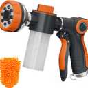 Garden Hose Nozzle,8 Patterns Hose Sprayer High Pressure,Heavy Duty Dog Wash,Metal Water Hose Nozzle with Soap Dispenser,Car Wash Foam Gun with A Car Wash Mitt