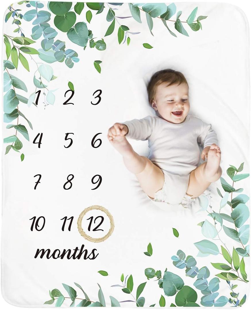 Baby Monthly Milestone Blanket Boy - Neutral Leaf Newborn Month Blanket for Boy & Girl Personalized Shower Gift Soft Plush Fleece Photography Background Prop with Wooden Wreath Large 51''x40''