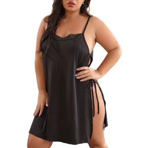 XAKALAKA Women Plus Size Lace Babydoll Lingerie Side Slit Strappy Chemise Sleepwear (Black, XL)
