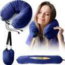 Stuffable Neck Pillow for Travel, Neck Pillow for Extra Luggage Storage Ideal 1-3 Days Travel Essentials, Adjustable U-Shapes Airplane Pillow Size, Soft Velvet Cover, No Filler, Blue